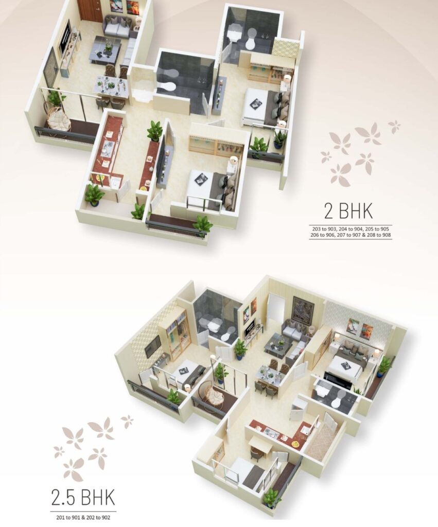 Detailed 3D floor plan layout of a modern 2.5 BHK and 2bhk flat in nagpur